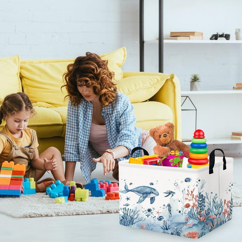 FXOCSHE Rectangle Fish Sea Turtle Baby Basket,Waterproof canvas foldable laundry basket,Nursery Hamper,Ocean party storage bin,Pool toy beach towel storage box(Sea) - Image 3